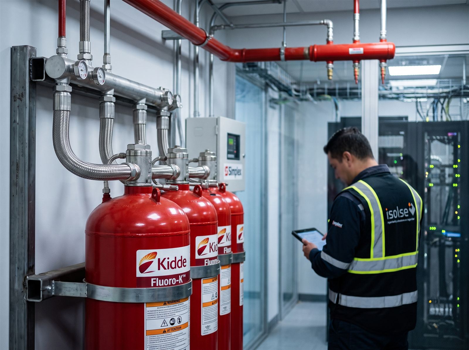 Batería de cilindros de extinción por gas Kidde Fluoro-K junto a técnico de ISOLSE revisando panel de control en sala técnica