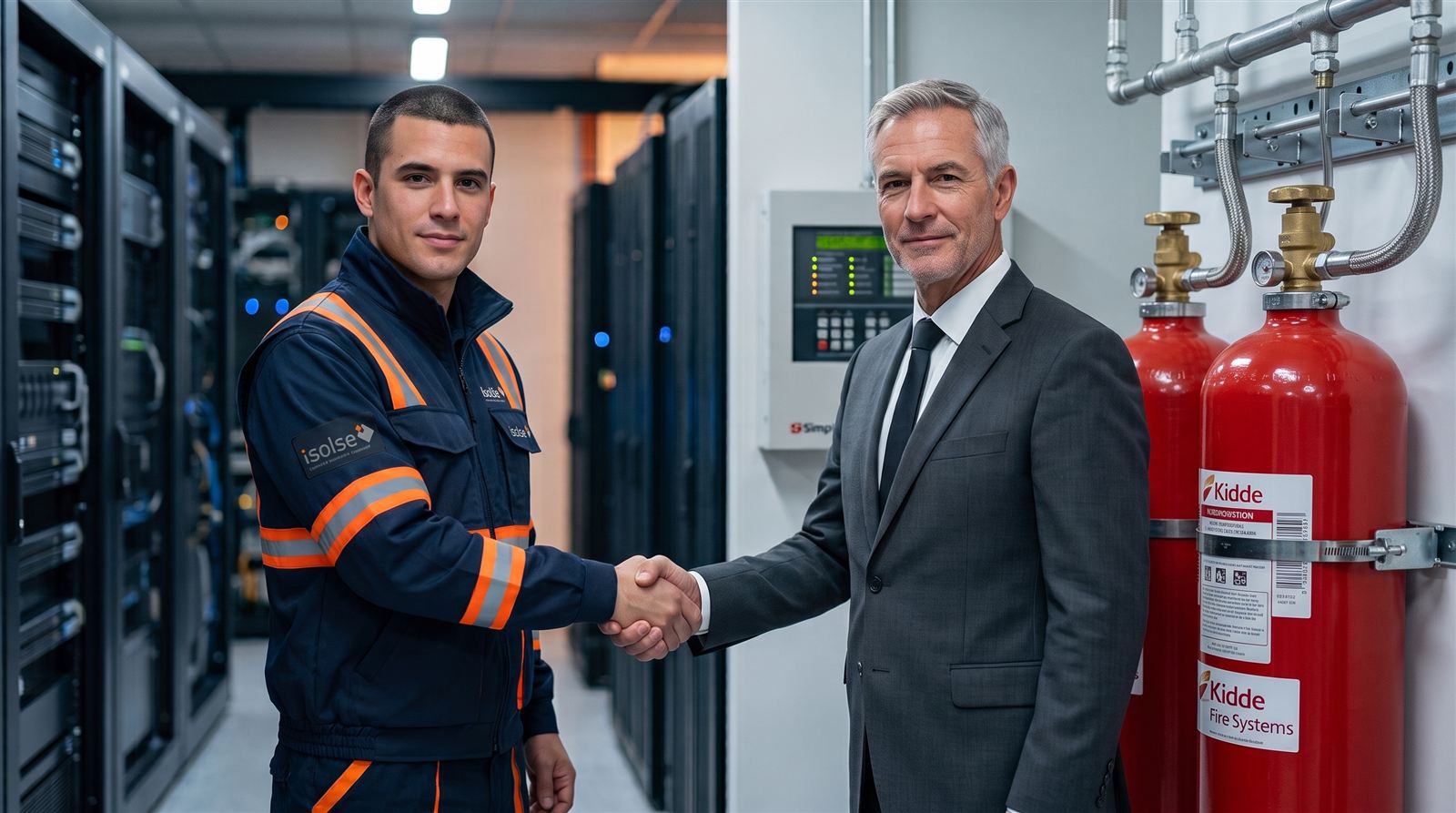Técnico de ISOLSE junto a un cliente en una sala técnica con sistema de extinción por gas y panel de detección de incendios