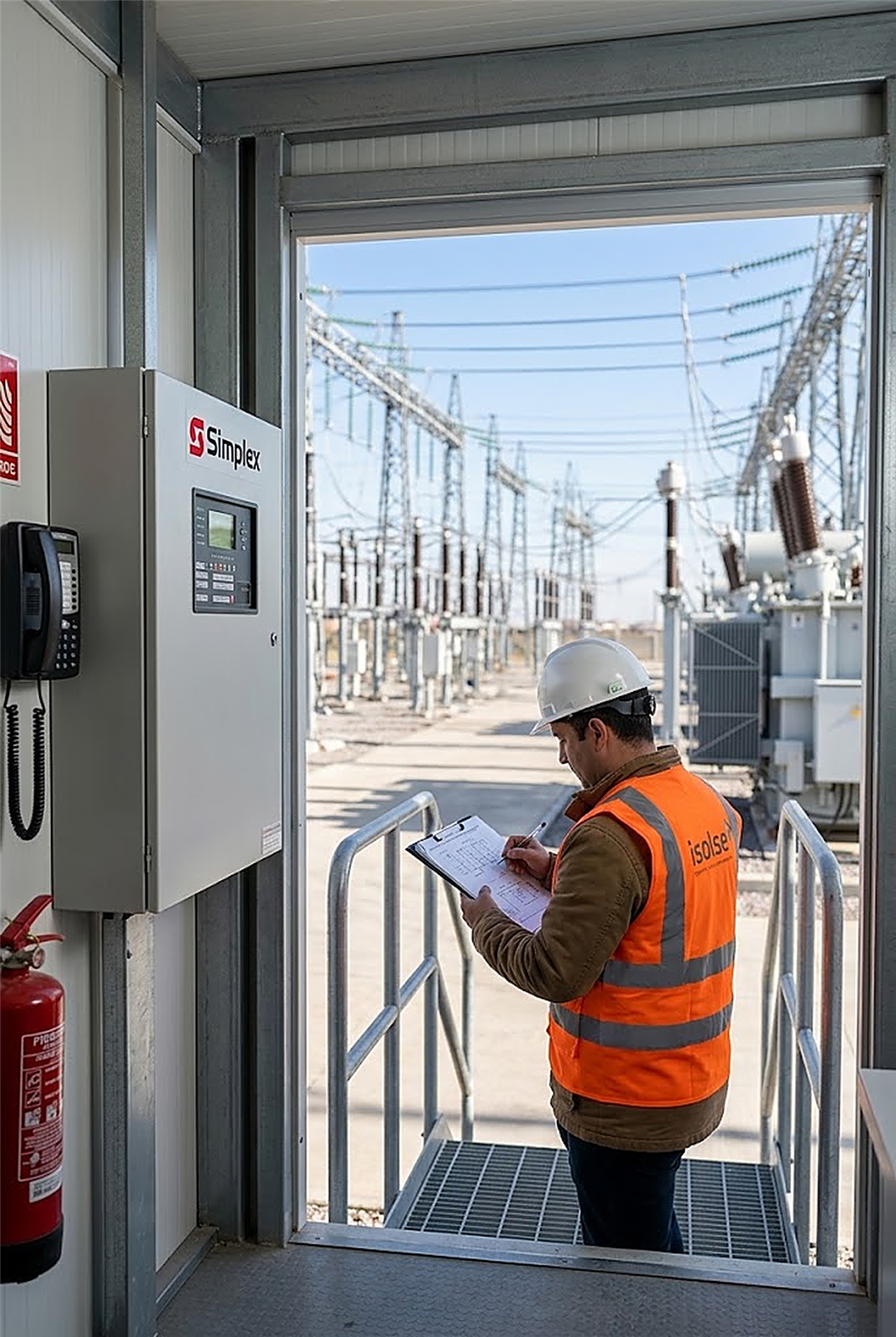Técnico de ISOLSE con chaleco naranja anotando en una planilla en el acceso a una subestación eléctrica de alta tensión
