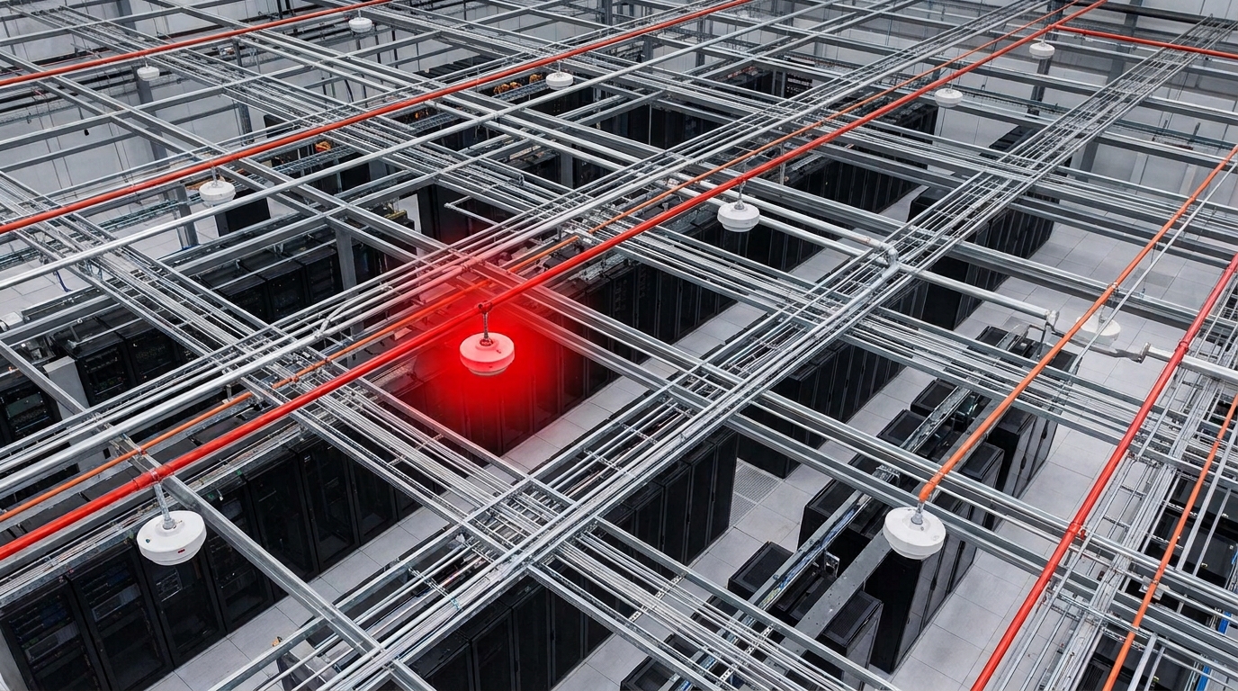 Detector de incendio en el cielorraso de un centro de datos, señalado en rojo entre el cableado