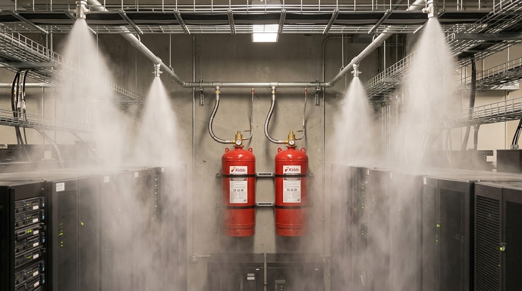 Sistema de extinción por gas limpio Kidde descargando en una sala de servidores