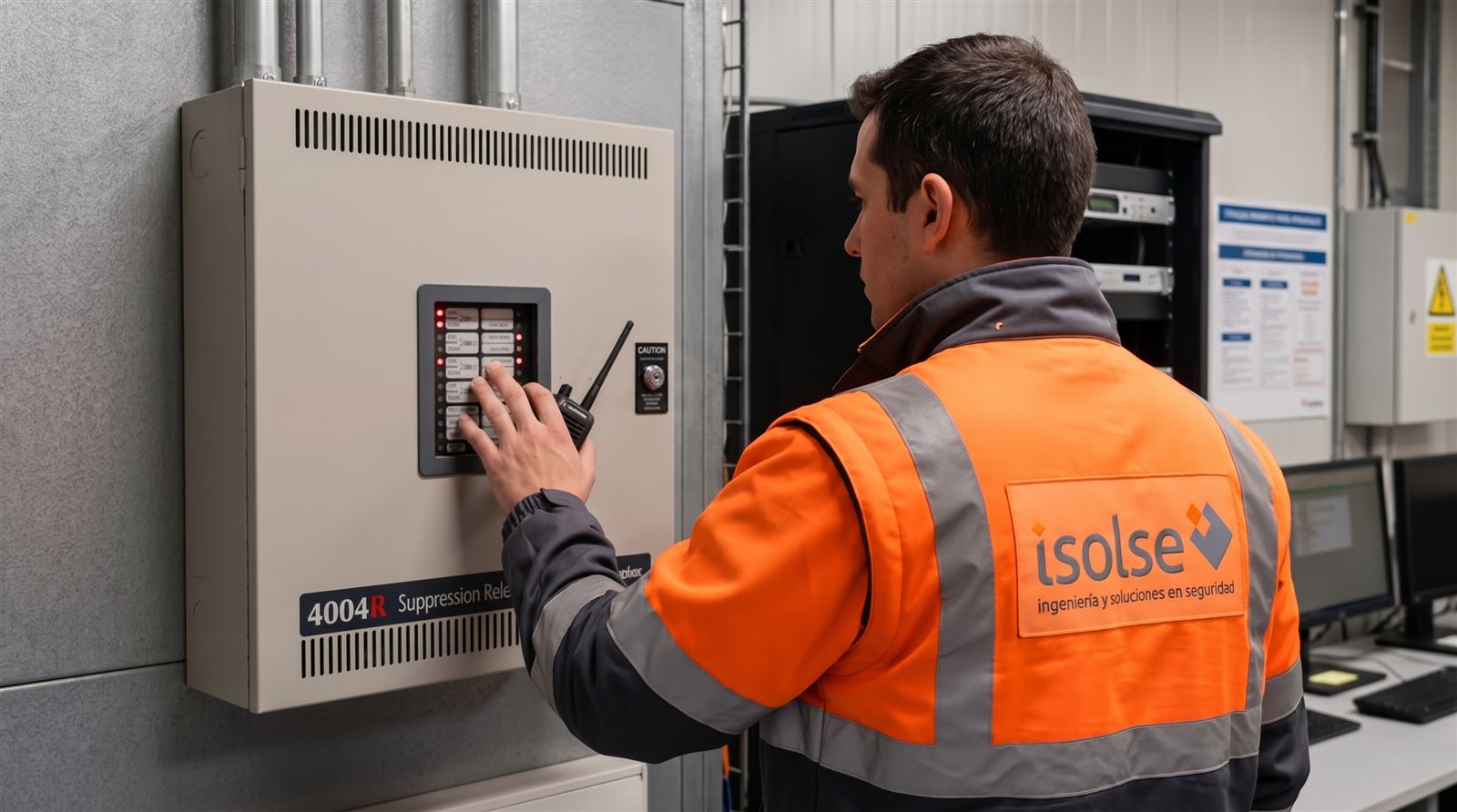 Técnico de ISOLSE operando un panel de control de detección y extinción Simplex