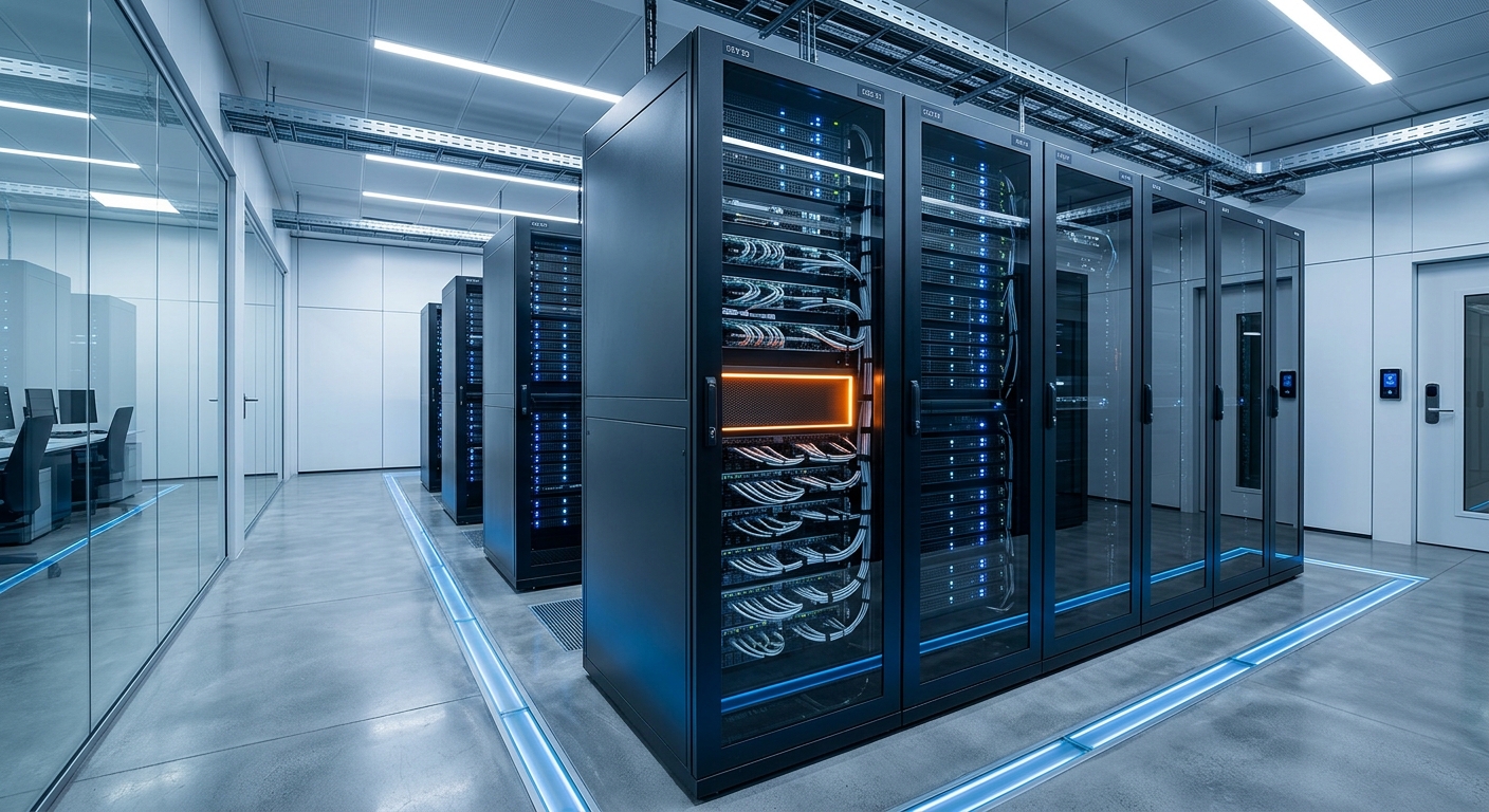Sala de servidores de un centro de datos bancario con racks de equipamiento