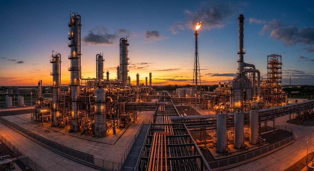 Planta de refinación de petróleo y gas al atardecer, con antorcha de venteo encendida