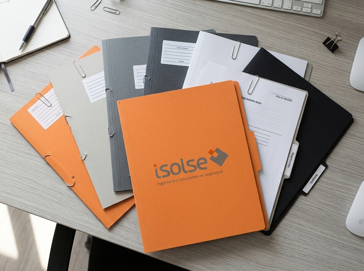 Carpetas de documentación institucional de ISOLSE sobre un escritorio