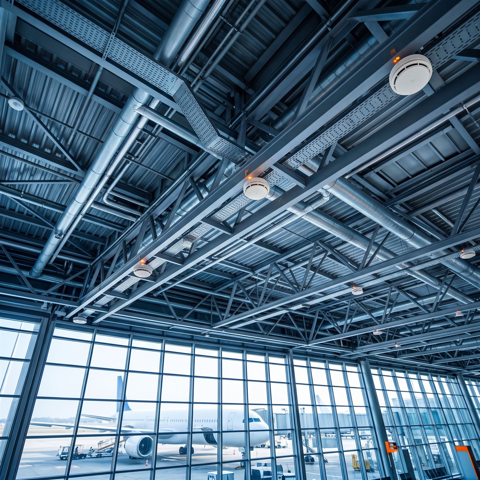 Detectores de incendio instalados en el cielorraso de una terminal aeroportuaria