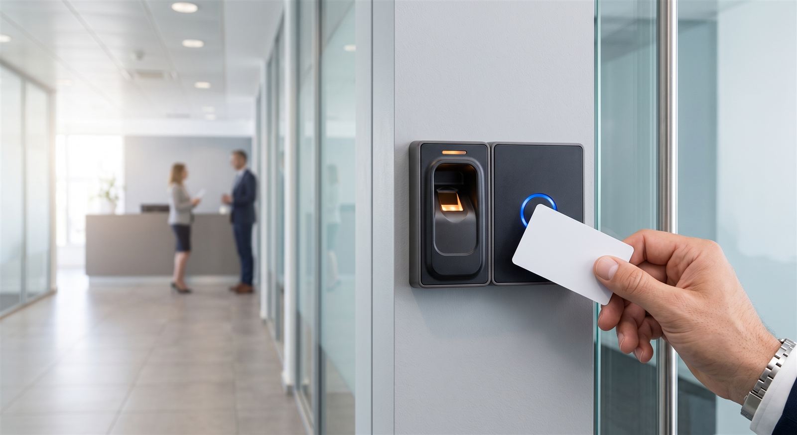 Lector biométrico y de tarjeta de proximidad para control de accesos junto a una puerta de vidrio