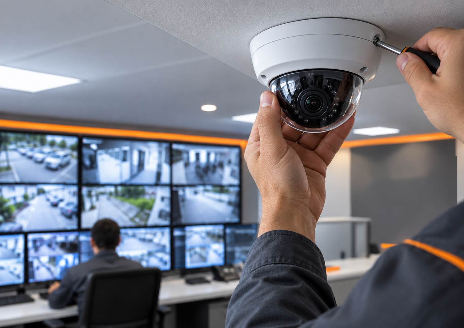 Técnico instalando una cámara IP domo en el cielorraso, con central de monitoreo de video de fondo