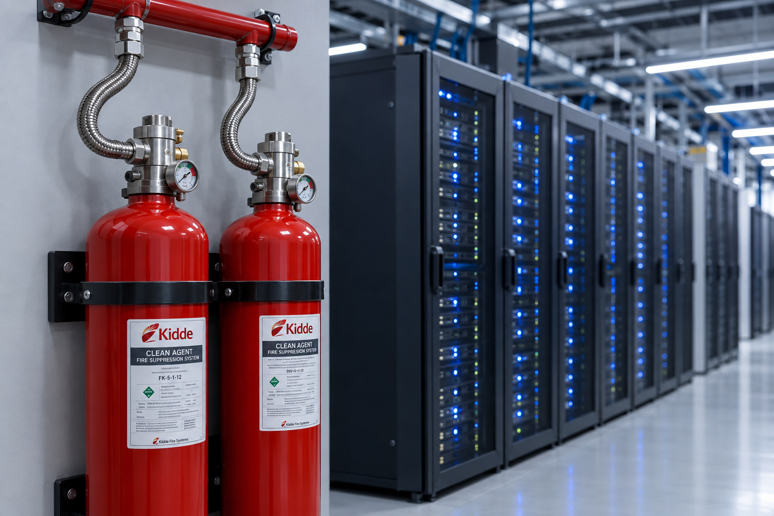 Cilindros Kidde de agente limpio para extinción por gas junto a rack de servidores en data center