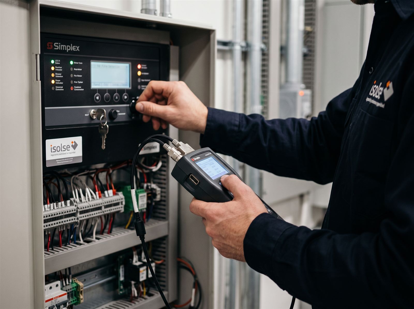 Técnico de ISOLSE realizando mantenimiento a panel de control Simplex con equipo de diagnóstico