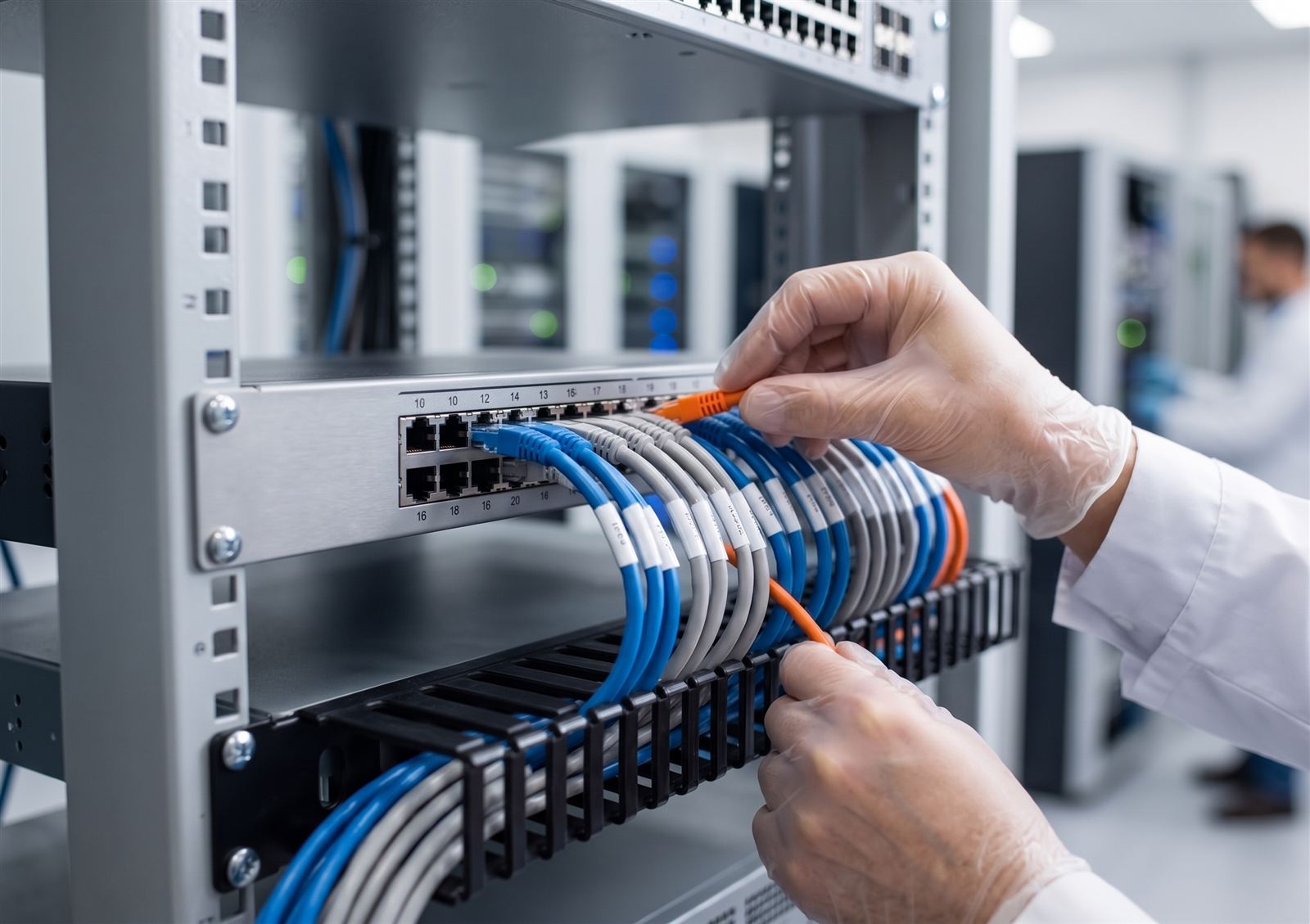 Técnico conectando cableado estructurado en un rack de comunicaciones de un data center