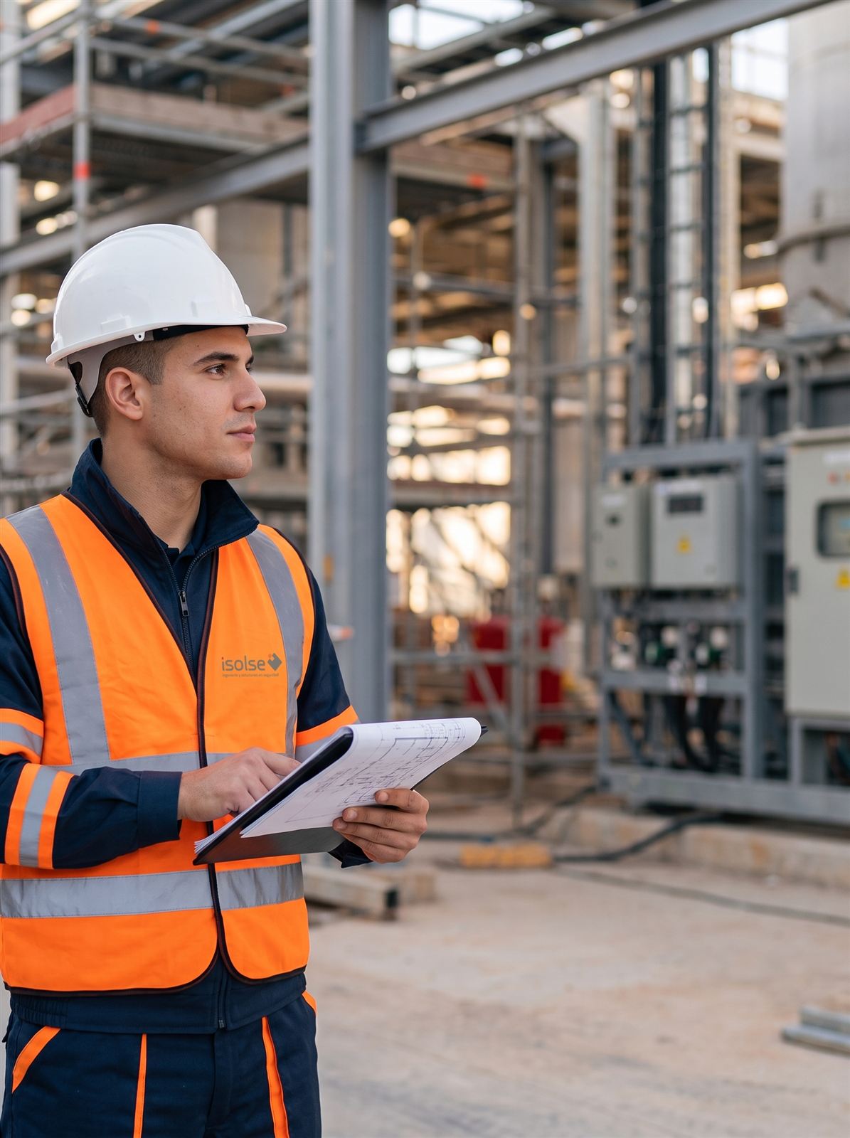 Técnico de ISOLSE con casco y chaleco de seguridad realizando una inspección en una planta industrial